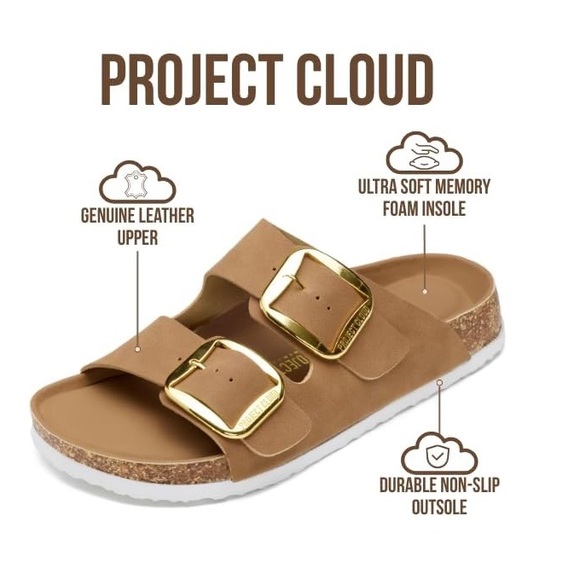 Project Cloud Brown Genuine Leather Sandals Beach Essentials Memory Foam 8.5 - Picture 4 of 11